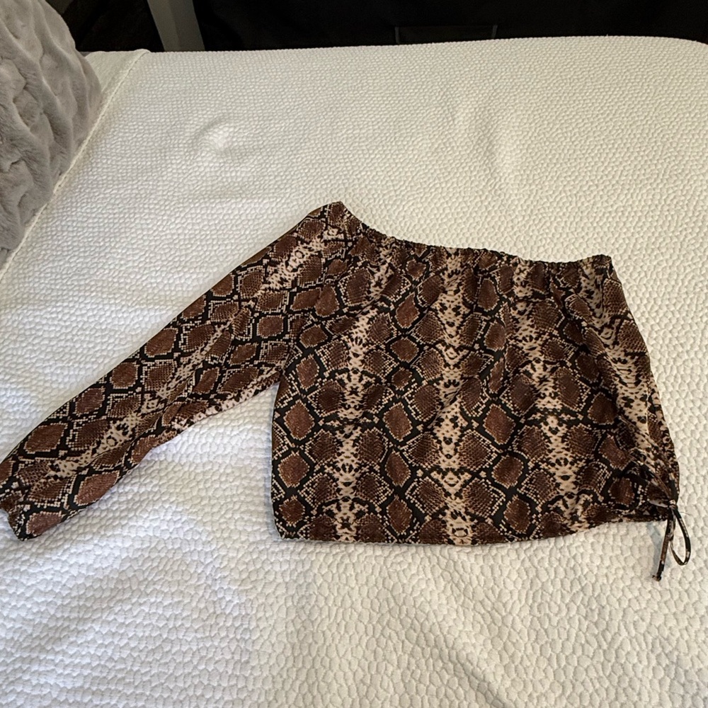BCBG Brown Snake Print Women's off the shoulder blouse